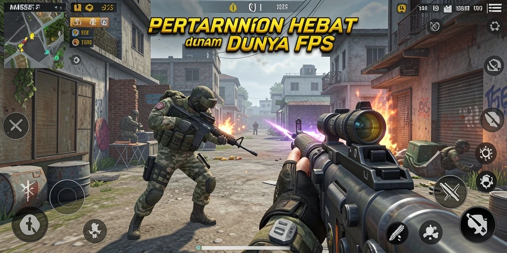 Tangkapan layar gameplay 555F yang menunjukkan aksi terbang dalam pertempuran FPS.