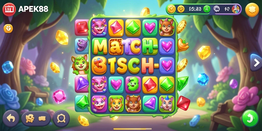 Tampilan gameplay seru APEK88 dengan puzzle match-3 yang menantang.